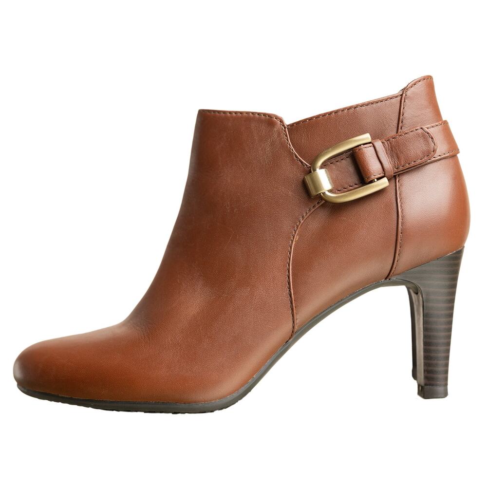 Bandolino Layita Cognac Brown Leather Dress Ankle Boots Buckle Detail Sz 6.5 EUC